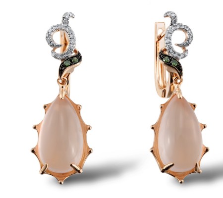 14KRWB Earrings Diamond,Green Diamonds,Pink Quartz (E304187QGD14KRWB)