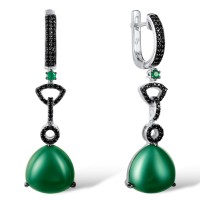 Sterling Silver w/ Black White Plating Earrings Dyed Green Agate,Green Glass,Black spinel (E304191SBSGGSK925)