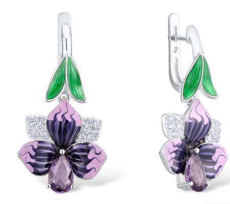 Sterling Silver Earrings Enamel,Purple Glass,White Cubic Zirconia (E304202ENASL925)
