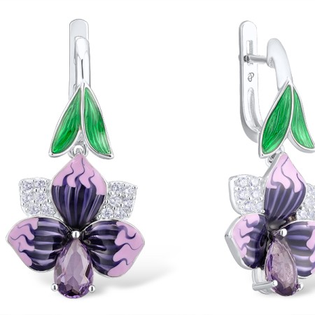 Sterling Silver Earrings Enamel,Purple Glass,White Cubic Zirconia (E304202ENASL925)