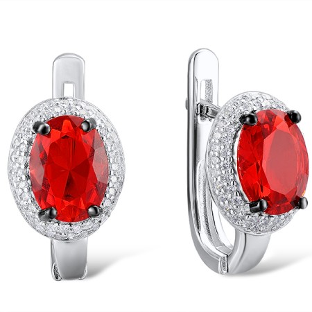 Sterling Silver w/ Black White Plating Earrings Red Glass,White Cubic Zirconia (E304261SREGZSK925)