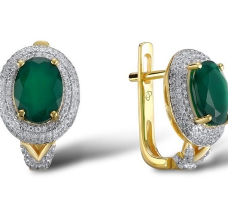 Sterling Silver w/ Yellow Plating Earrings Dyed Green Agate,White Cubic Zirconia (E304264CRSZSY925)