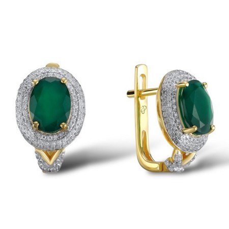 Sterling Silver w/ Yellow Plating Earrings Dyed Green Agate,White Cubic Zirconia (E304264CRSZSY925)