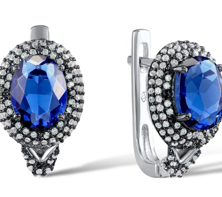 Sterling Silver w/ Black Plating Earrings Blue Glass,White Cubic Zirconia (E304264SBLGZSK1925)