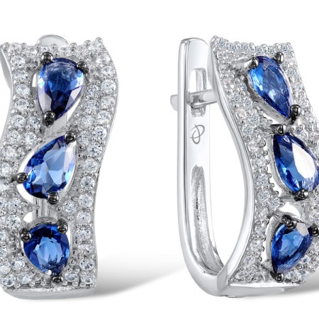 Sterling Silver w/ Black White Plating Earrings Blue Glass,White Cubic Zirconia (E304537SBLGZSK925)