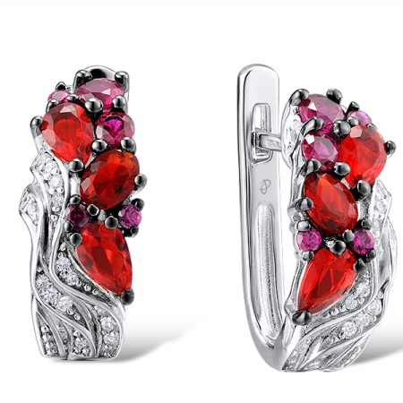Sterling Silver w/ Black White Plating Earrings White Cubic Zirconia,Created Ruby,Red Glass (E304552SCRRZSK925)