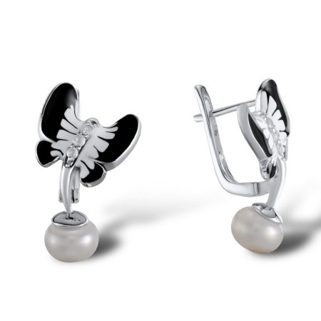 Sterling Silver Earrings Enamel,Fresh Water White Pearl,White Cubic Zirconia (E304593ENASL925)