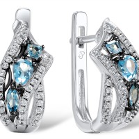 Sterling Silver w/ Black White Plating Earrings Blue Topaz (Swiss Blue),White Cubic Zirconia (E304633SBLTZSK925)