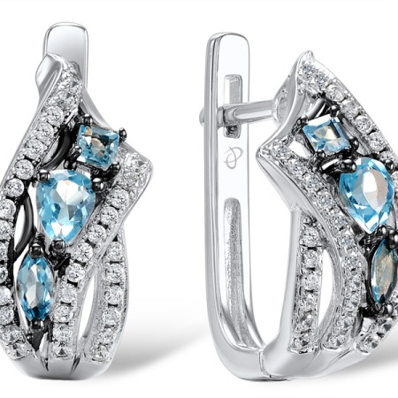 Sterling Silver w/ Black White Plating Earrings Blue Topaz (Swiss Blue),White Cubic Zirconia (E304633SBLTZSK925)