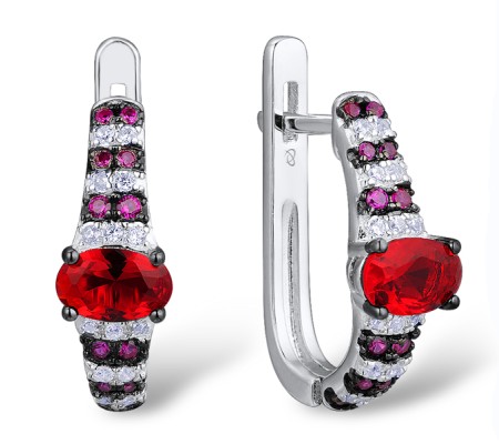 Sterling Silver w/ Black White Plating Earrings Red Glass,White Cubic Zirconia,Created Ruby (E304847CRRZSK925)