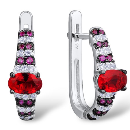 Sterling Silver w/ Black White Plating Earrings Red Glass,White Cubic Zirconia,Created Ruby (E304847CRRZSK925)