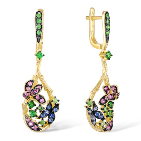Sterling Silver w/ Yellow Plating Earrings Blue Nano Cubic Zirconia,Created Pink Sapphire,Green Garnet (E305036CRPGSY925)