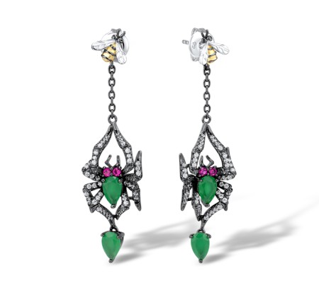 Sterling Silver w/ Yellow Black White Plating Earrings Created Ruby,Green Glass,White Cubic Zirconia (E305044SCRGZSZ925)
