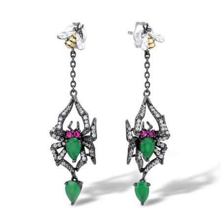 Sterling Silver w/ Yellow Black White Plating Earrings Created Ruby,Green Glass,White Cubic Zirconia (E305044SCRGZSZ925)