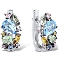 Sterling Silver w/ Black White Plating Earrings Green Glass,Pink Cubic Zirconia,Blue Glass,Yellow Cubic Zirconia,Blue Spinel,Yellow Glass (E305073MULSK925)