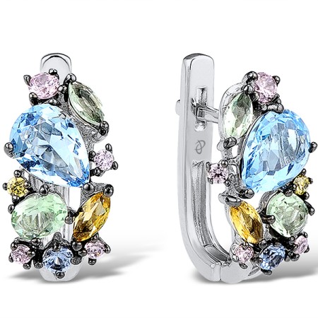 Sterling Silver w/ Black White Plating Earrings Green Glass,Pink Cubic Zirconia,Blue Glass,Yellow Cubic Zirconia,Blue Spinel,Yellow Glass (E305073MULSK925)