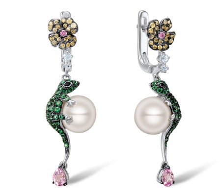 Sterling Silver w/ Black White Plating Earrings Green Spinel,Black spinel,White Cubic Zirconia,Created Pink Sapphire,Yellow Nano Cubic Zirconia (Ci,Fresh Water White Pearl (E305158SMULSK925)