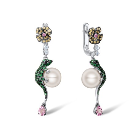Sterling Silver w/ Black White Plating Earrings Green Spinel,Black spinel,White Cubic Zirconia,Created Pink Sapphire,Yellow Nano Cubic Zirconia (Ci,Fresh Water White Pearl (E305158SMULSK925)