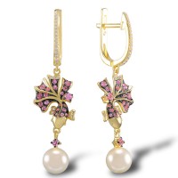 Sterling Silver w/ Yellow Plating Earrings Created Pink Sapphire,Fresh Water White Pearl,White Cubic Zirconia (E305159CPFZSY925)