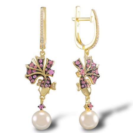 Sterling Silver w/ Yellow Plating Earrings Created Pink Sapphire,Fresh Water White Pearl,White Cubic Zirconia (E305159CPFZSY925)
