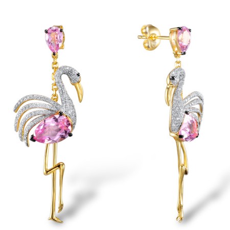 Sterling Silver w/ Yellow Plating Earrings Created Pink Sapphire,White Cubic Zirconia (E305198CPSZSY925)