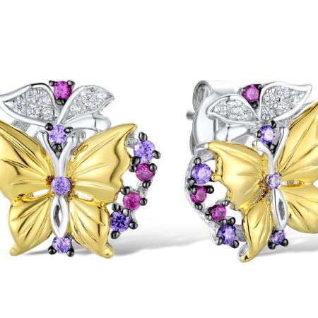 Sterling Silver w/ Yellow Black White Plating Earrings Created Ruby,White Cubic Zirconia,Amethyst Cubic Zirconia (E305203SACUZSZ925)