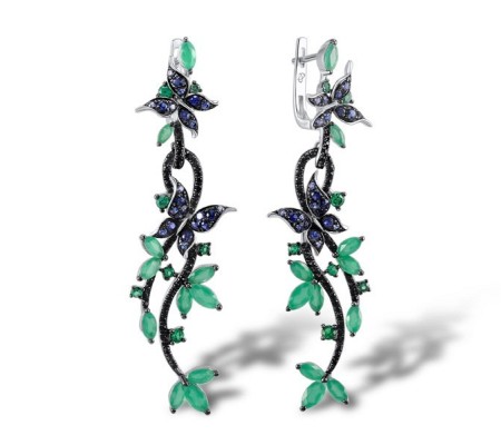 Sterling Silver Earrings Black spinel,Blue Nano Cubic Zirconia,Green Glass,Green Spinel (E305289MULSL925)