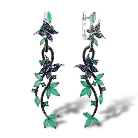 Sterling Silver Earrings Black spinel,Blue Nano Cubic Zirconia,Green Glass,Green Spinel (E305289MULSL925)