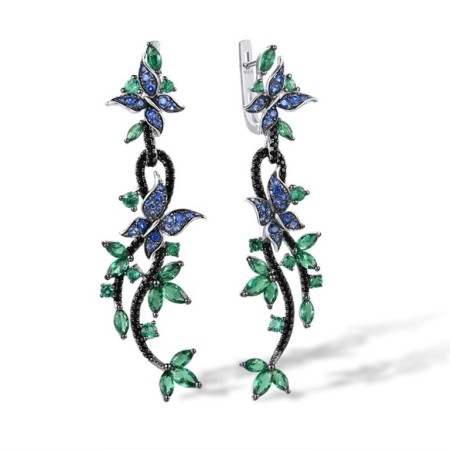 Sterling Silver w/ Black White Plating Earrings Black spinel,Blue Nano Cubic Zirconia,Green Spinel (E305289SBNGSSK925)