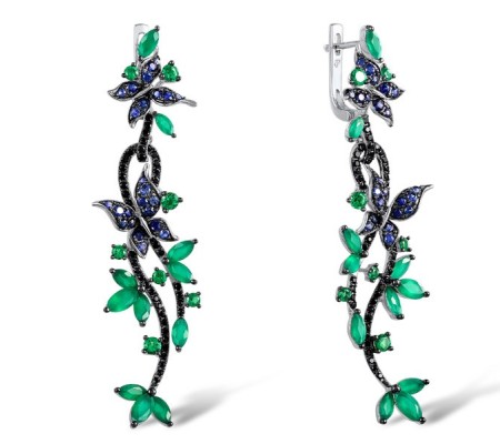 Sterling Silver Earrings Green Spinel,Black spinel,Blue Nano Cubic Zirconia,Dyed Green Agate (E305289SMULSL925)