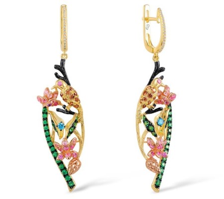 14KYWB Earrings Blue Topaz (Swiss Blue),Brown Diamond,Diamond,Green Garnet,Pink Sapphire (E305297MUL14KYWB)