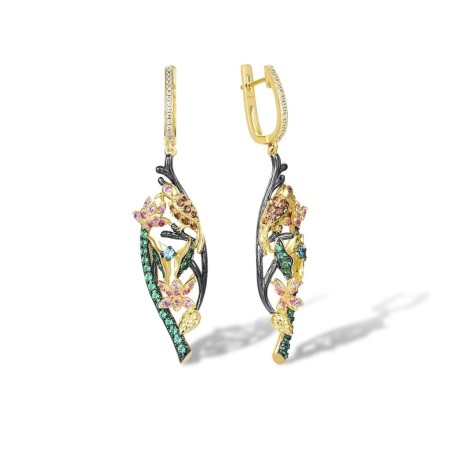 Sterling Silver w/ Yellow Black Plating Earrings Blue Cubic Zirconia,Created Pink Sapphire,Green Spinel,Nano Brown Spinel,White Cubic Zirconia (E305297MUL1SC925)