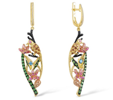 Sterling Silver w/ Yellow Plating Earrings Chocolate CZ,Created Pink Sapphire,Green Spinel,Blue Cubic Zirconia,White Cubic Zirconia (E305297MULSY925)