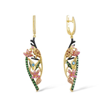 Sterling Silver w/ Yellow Plating Earrings Chocolate CZ,Created Pink Sapphire,Green Spinel,Blue Cubic Zirconia,White Cubic Zirconia (E305297MULSY925)