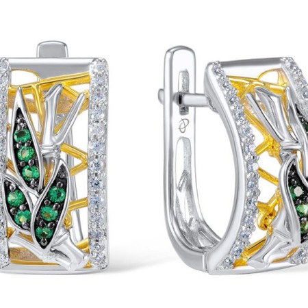 Sterling Silver w/ Yellow Black White Plating Earrings White Cubic Zirconia,Green Spinel (E305329GSZSZ925)