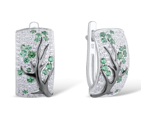 Sterling Silver w/ Black White Plating Earrings Green Spinel,White Cubic Zirconia (E305333GSZSK925)