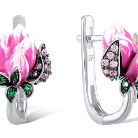Sterling Silver w/ Black White Plating Earrings Enamel,Green Spinel,Pink Cubic Zirconia (E305355ENASK925)
