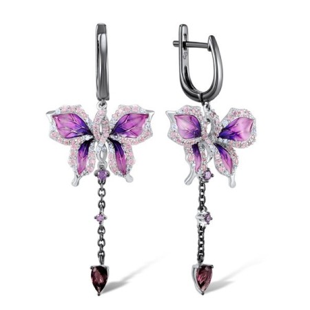 Sterling Silver w/ Black White Plating Earrings Amethyst Cubic Zirconia,Enamel,Pink Cubic Zirconia,Purple Glass,White Cubic Zirconia (E305357ENASK925)