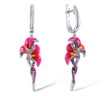 Sterling Silver w/ Yellow Black White Plating Earrings Created Ruby,Enamel,White Cubic Zirconia (E305358ENASZ925)