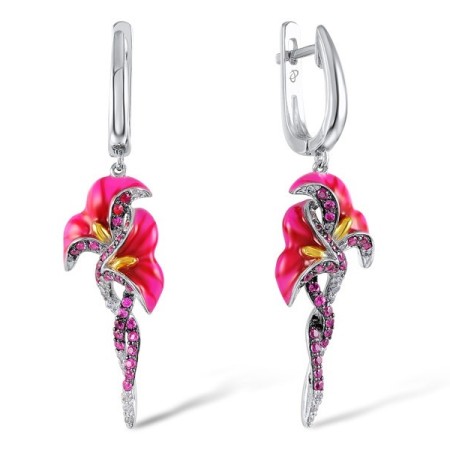 Sterling Silver w/ Yellow Black White Plating Earrings Created Ruby,Enamel,White Cubic Zirconia (E305358ENASZ925)