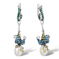 Sterling Silver w/ Yellow Black White Plating Earrings Blue Cubic Zirconia,Fresh Water White Pearl,Green Spinel,White Cubic Zirconia,Yellow Cubic Zirconia (E305372MUL1SZ925)