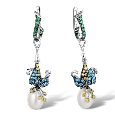 Sterling Silver w/ Yellow Black White Plating Earrings Blue Cubic Zirconia,Fresh Water White Pearl,Green Spinel,White Cubic Zirconia,Yellow Cubic Zirconia (E305372MUL1SZ925)