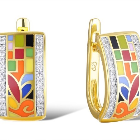 Brass w/ Yellow Gold Plating Earrings Enamel,White Cubic Zirconia (E305487SENA1BRY)