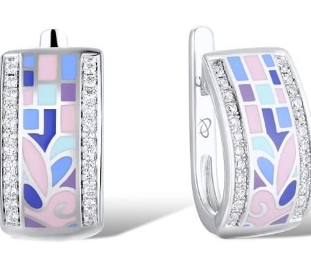 Brass w/ White Gold Plating Earrings Enamel,White Cubic Zirconia (E305487SENA2BRW)