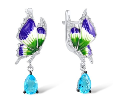 Sterling Silver Earrings Enamel,White Cubic Zirconia,Blue Glass (E306048ENASL925)