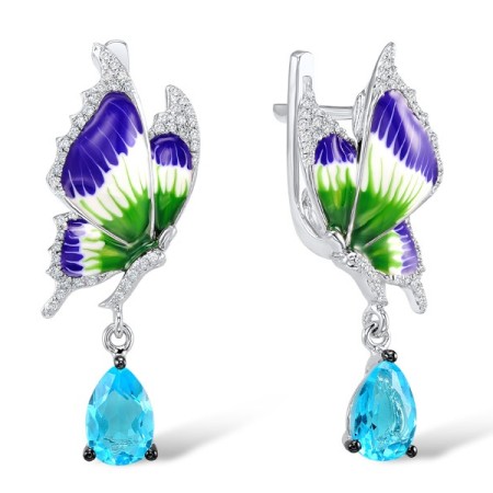 Sterling Silver Earrings Enamel,White Cubic Zirconia,Blue Glass (E306048ENASL925)