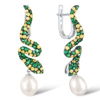 Sterling Silver w/ Black White Plating Earrings Yellow Nano Cubic Zirconia (Ci,Fresh Water White Pearl,Green Spinel (E306106AFWGYSK925)