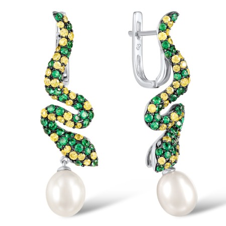 Sterling Silver w/ Black White Plating Earrings Yellow Nano Cubic Zirconia (Ci,Fresh Water White Pearl,Green Spinel (E306106AFWGYSK925)