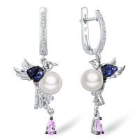Sterling Silver w/ Black White Plating Earrings White Cubic Zirconia,Blue Nano Cubic Zirconia,Created Pink Sapphire,Fresh Water White Pearl (E306138SMULSK925)