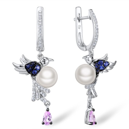 Sterling Silver w/ Black White Plating Earrings White Cubic Zirconia,Blue Nano Cubic Zirconia,Created Pink Sapphire,Fresh Water White Pearl (E306138SMULSK925)